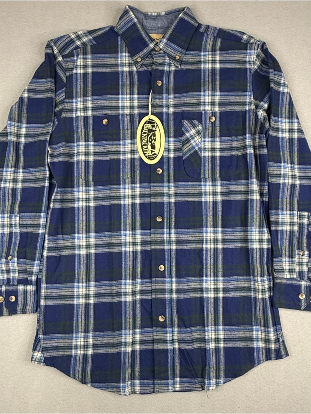 Backpacker Mens M Plaid Shirt Blue Green 100% Cotton NWT Outdoor Hiking